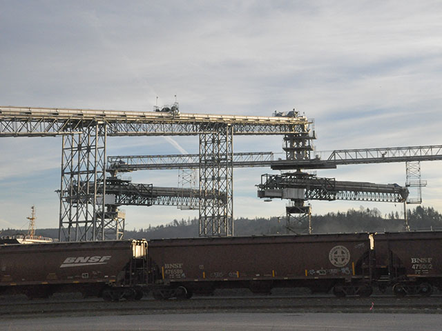 An export terminal in the PNW loads a bulk grain ship destined for export market. (DTN photo by Katie Micik)